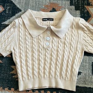 Cream Knit pattern Collared crop top